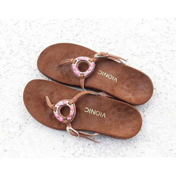 Vionic Ricci Sandals Brown Flip Flops Size 8 US Pink Medallion Slip on - Picture 1 of 6